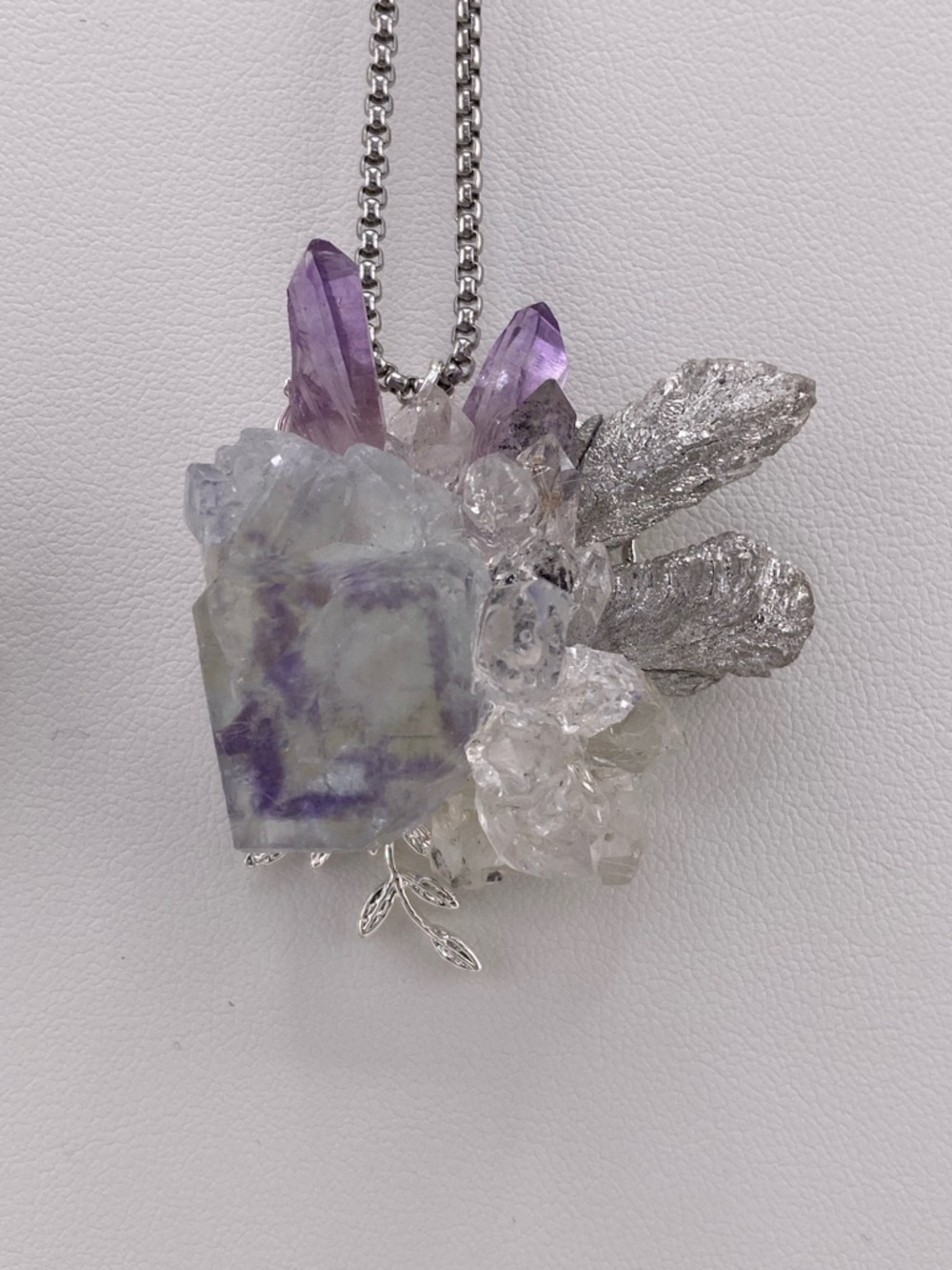 Fluorite Crystal Cluster Necklace with Amethyst, Herkimer Diamonds & Silver Aura